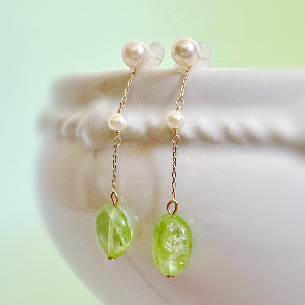 k10/k18 peridot  pearl station charm ピアス イヤリング