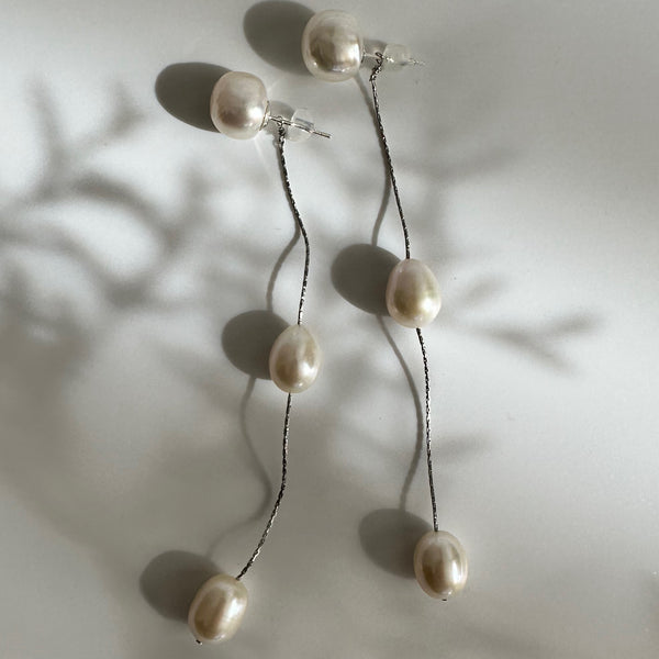 silver kobore long 3  pearl station weddingピアス イヤリング - hikari pearl.