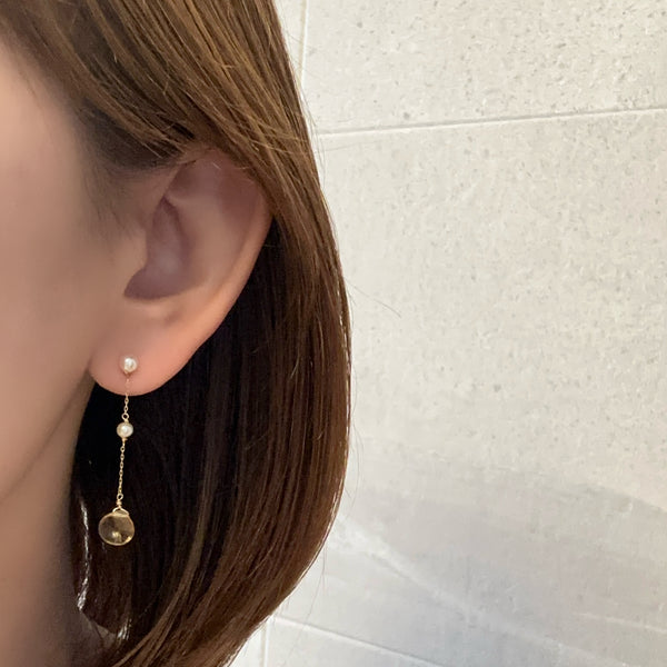 一点もの k10/k18 citrine  pearl station charm ピアス イヤリング