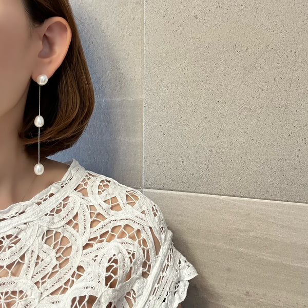silver kobore long 3  pearl station weddingピアス イヤリング - hikari pearl.