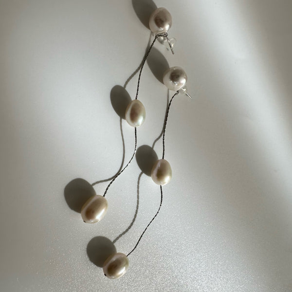 silver kobore long 3  pearl station weddingピアス イヤリング - hikari pearl.