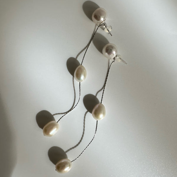 silver kobore long 3  pearl station weddingピアス イヤリング - hikari pearl.