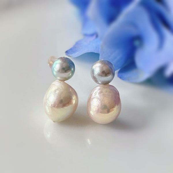 natural blue akoya twin pearl earrings