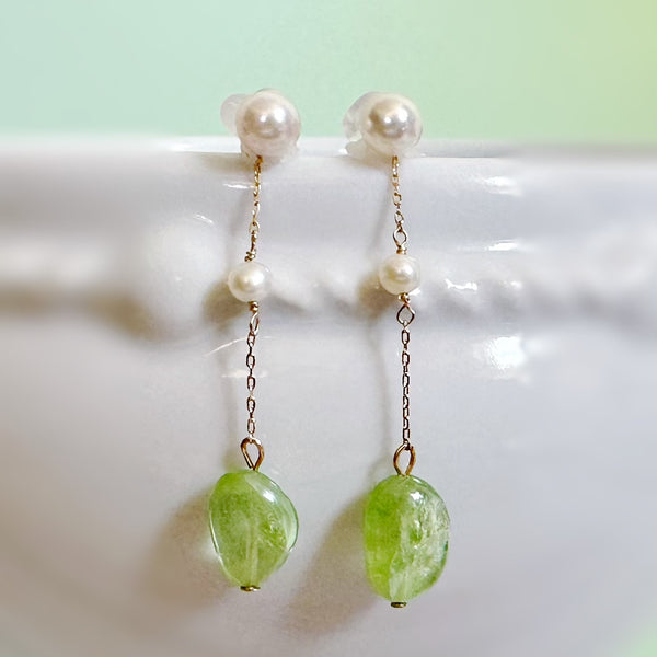 k10/k18 peridot  pearl station charm ピアス イヤリング