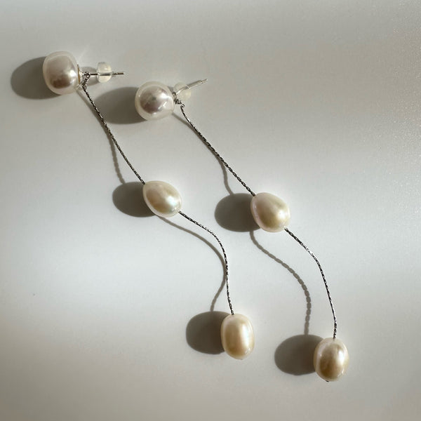 silver kobore long 3  pearl station weddingピアス イヤリング - hikari pearl.