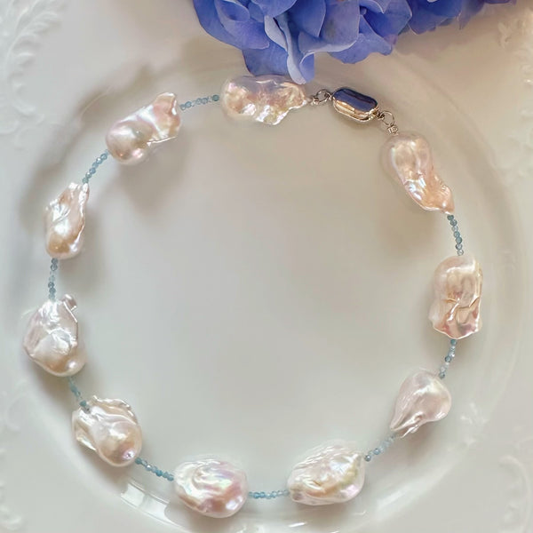 aquamarine baroque  pearl station necklace