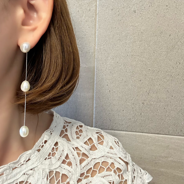 silver kobore long 3  pearl station weddingピアス イヤリング - hikari pearl.