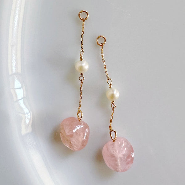 k10/k18 rose quartz  pearl  station charm ピンク イヤリング