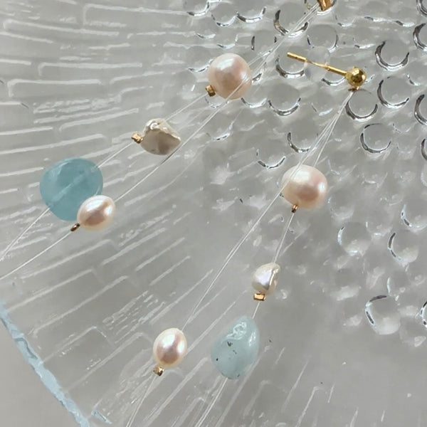 "blue star ブルースター" アクアマリン パール クリア ロング ピアス イヤリング wedding