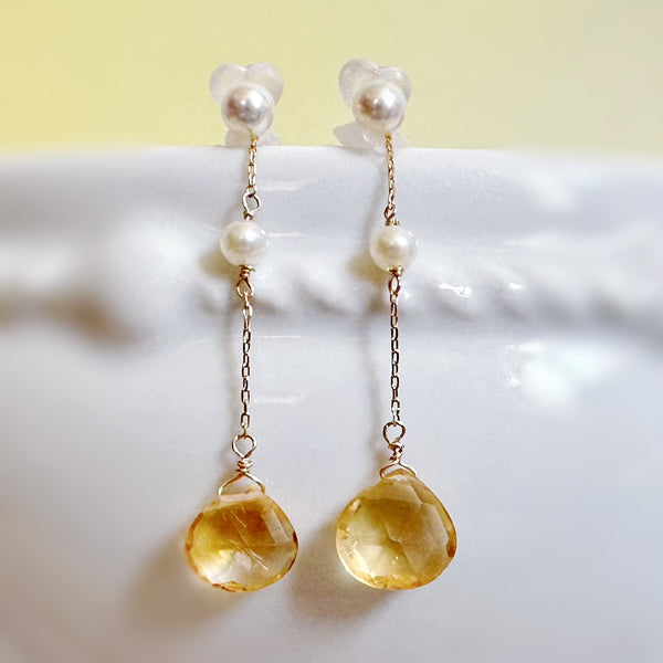 一点もの k10/k18 citrine  pearl station charm ピアス イヤリング