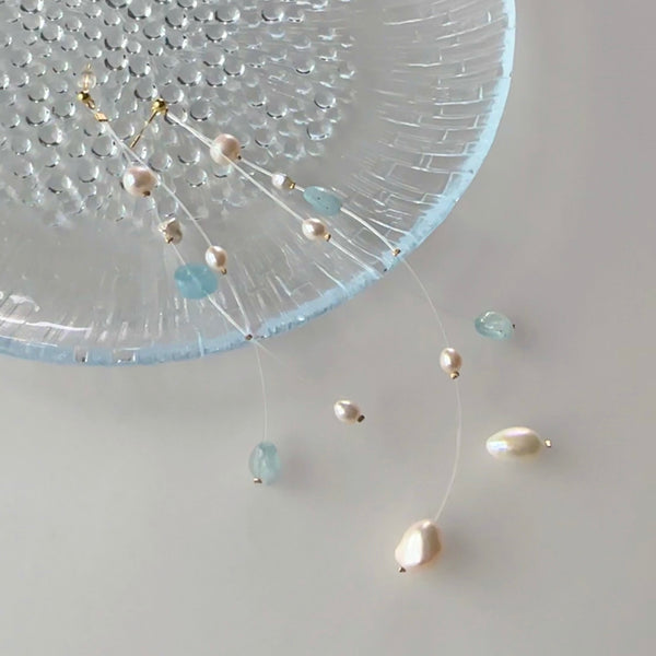 "blue star ブルースター" アクアマリン パール クリア ロング ピアス イヤリング wedding