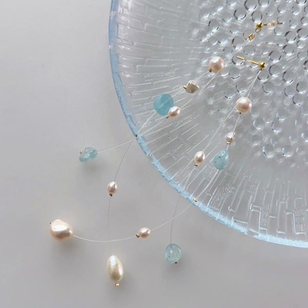 "blue star ブルースター" アクアマリン パール クリア ロング ピアス イヤリング wedding