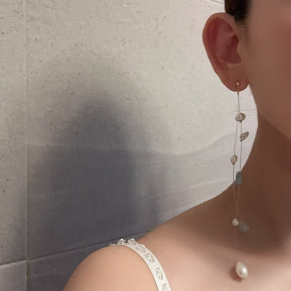 "blue star ブルースター" アクアマリン パール クリア ロング ピアス イヤリング wedding