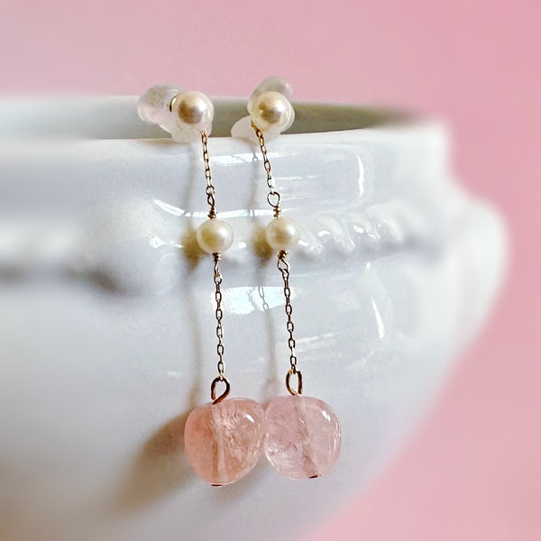 k10/k18 rose quartz  pearl  station charm ピンク イヤリング