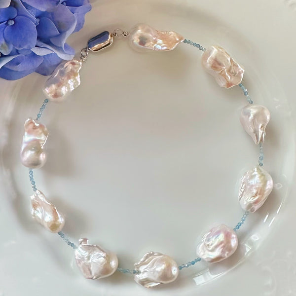 aquamarine baroque  pearl station necklace