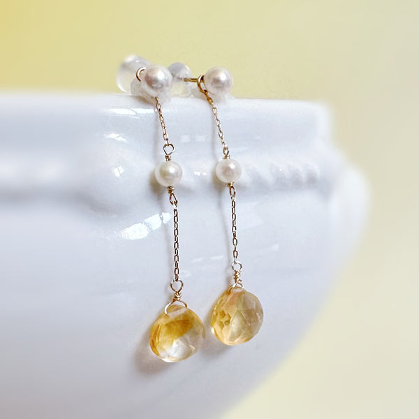 一点もの k10/k18 citrine  pearl station charm ピアス イヤリング