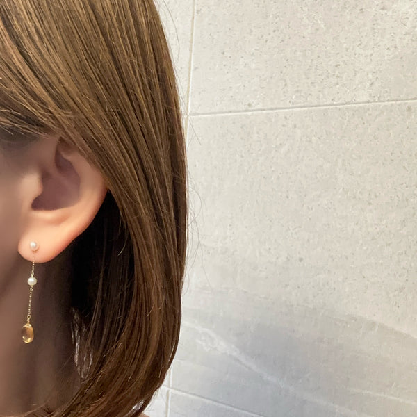 一点もの k10/k18 citrine  pearl station charm ピアス イヤリング