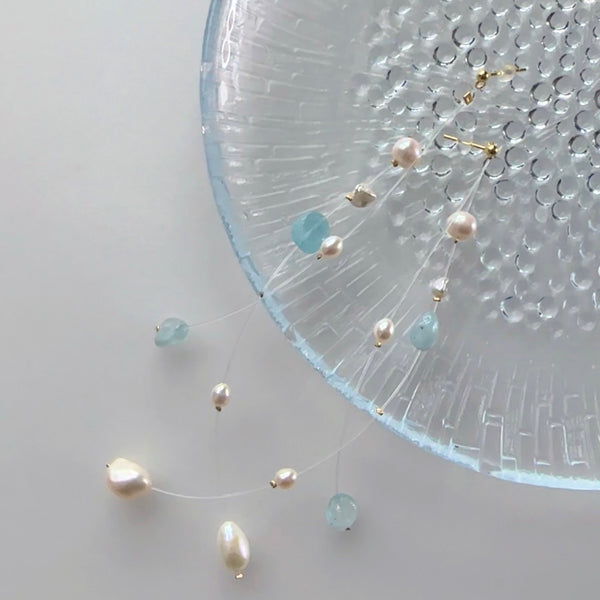 "blue star ブルースター" アクアマリン パール クリア ロング ピアス イヤリング wedding
