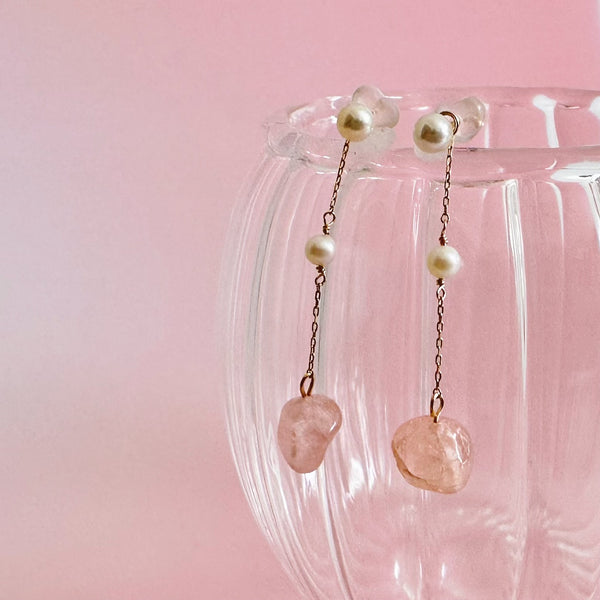 k10/k18 rose quartz  pearl  station charm ピンク イヤリング