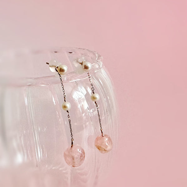k10/k18 rose quartz  pearl  station charm ピンク イヤリング