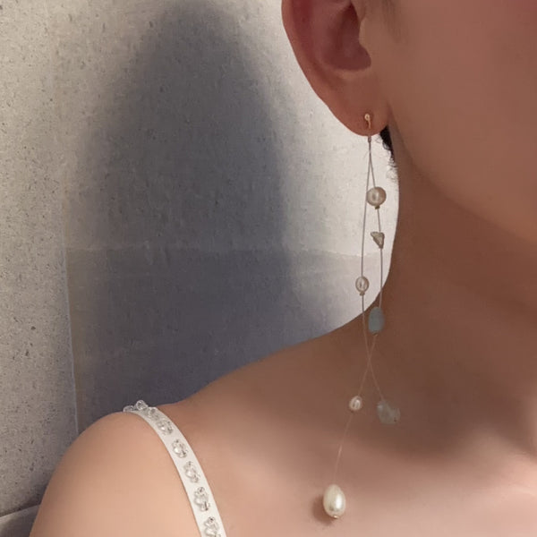 "blue star ブルースター" アクアマリン パール クリア ロング ピアス イヤリング wedding