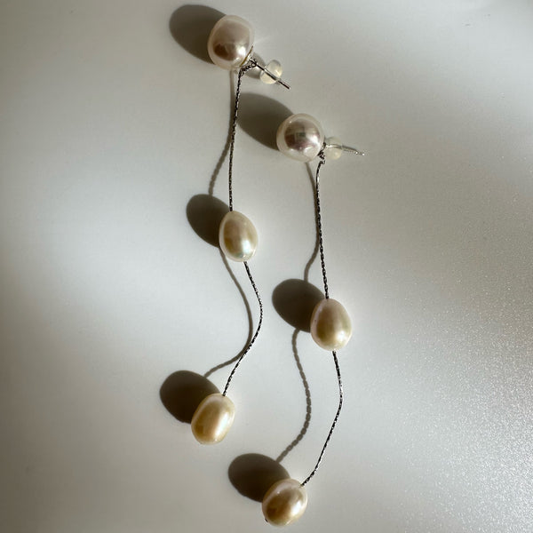 silver kobore long 3  pearl station weddingピアス イヤリング - hikari pearl.