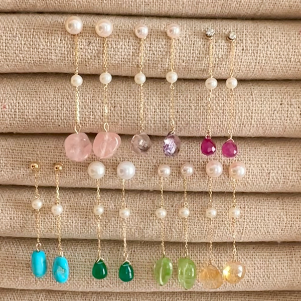 k10/k18 rose quartz  pearl  station charm ピンク イヤリング