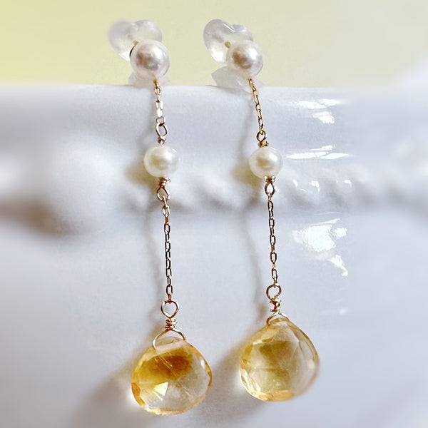 一点もの k10/k18 citrine  pearl station charm ピアス イヤリング