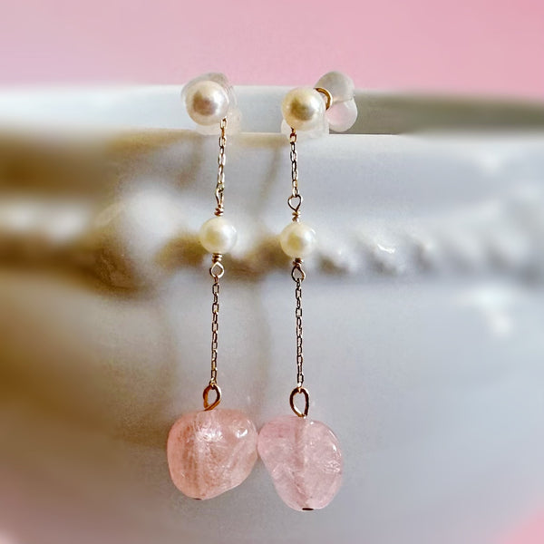 k10/k18 rose quartz  pearl  station charm ピンク イヤリング