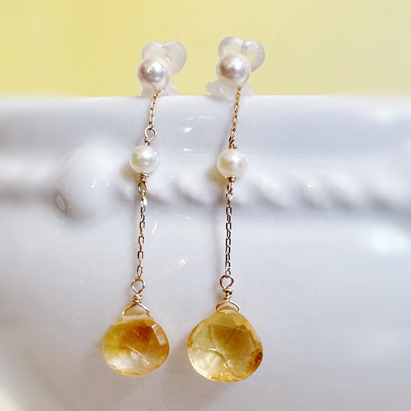 一点もの k10/k18 citrine  pearl station charm ピアス イヤリング