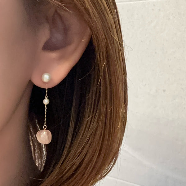 k10/k18 rose quartz  pearl  station charm ピンク イヤリング