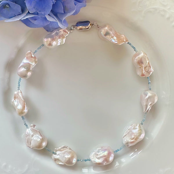 aquamarine baroque  pearl station necklace