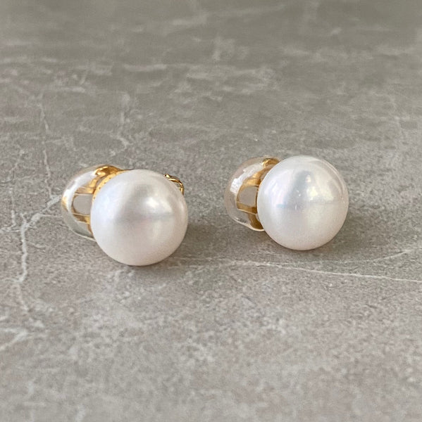 Fresh water button  pearl 11mm イヤリング - hikari pearl.