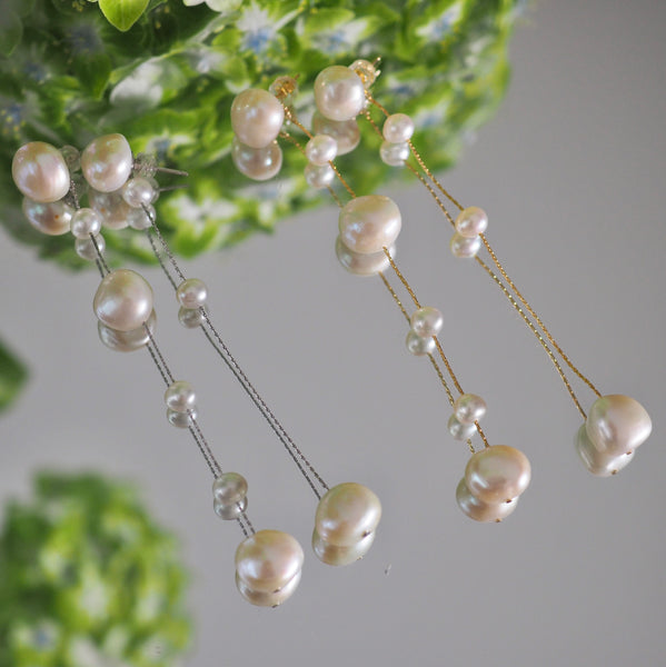 14kgf  fresh water  pearl asymmetry long ピアス イヤリング - hikari pearl.