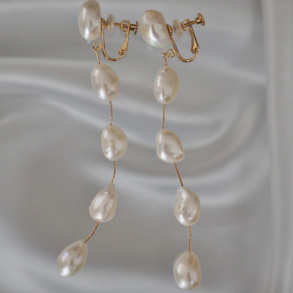 fresh water flat 5  pearl long  ピアス イヤリング - hikari pearl.