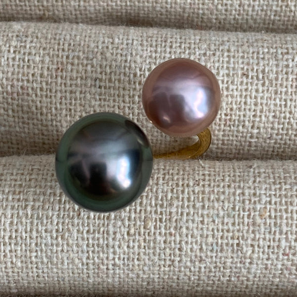 一点もの natural color pink Tahiti  double  pearl リング - hikari pearl.