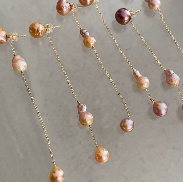 natural color 3  pearl asymmetry long ピアス - hikari pearl.