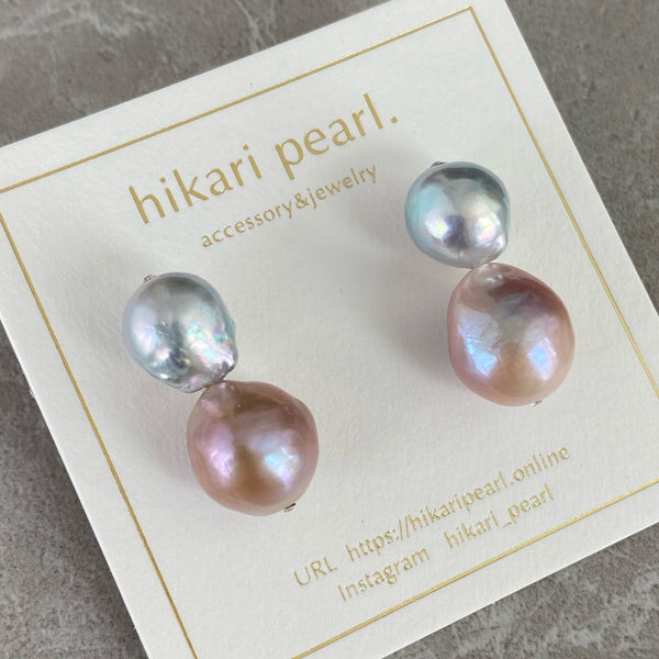 natural blue akoya pink  pearl twin  pearl ピアス イヤリング - hikari pearl.