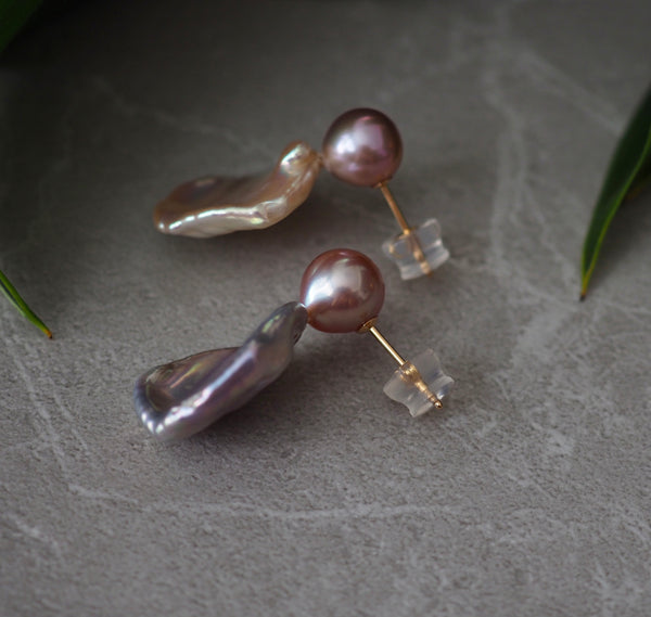 k18 natural  white pearl twin ピアス - hikari pearl.