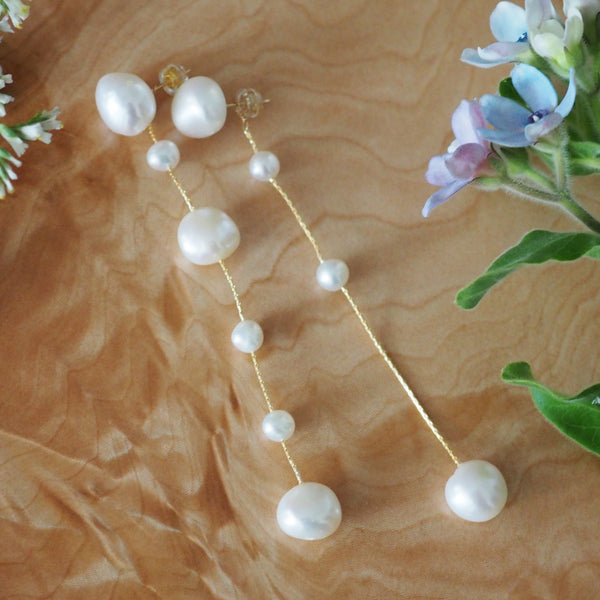 14kgf  fresh water  pearl asymmetry long ピアス イヤリング - hikari pearl.