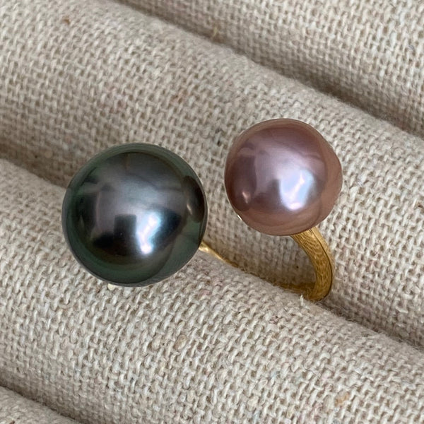 一点もの natural color pink Tahiti  double  pearl リング - hikari pearl.