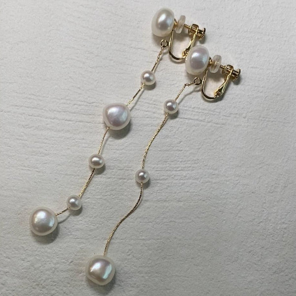 14kgf  fresh water  pearl asymmetry long ピアス イヤリング - hikari pearl.
