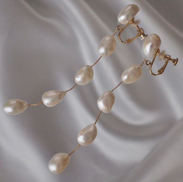 fresh water flat 5  pearl long  ピアス イヤリング - hikari pearl.