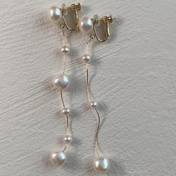 14kgf  fresh water  pearl asymmetry long ピアス イヤリング - hikari pearl.