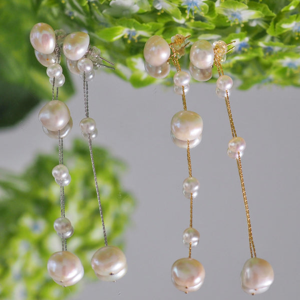 14kgf  fresh water  pearl asymmetry long ピアス イヤリング - hikari pearl.