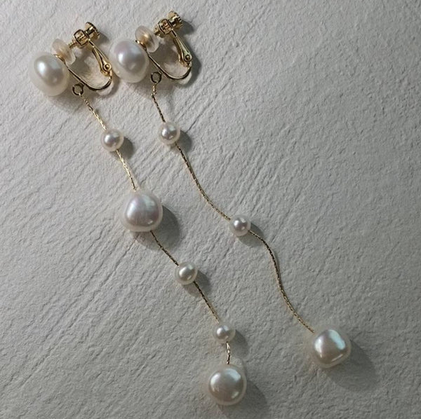 14kgf  fresh water  pearl asymmetry long ピアス イヤリング - hikari pearl.
