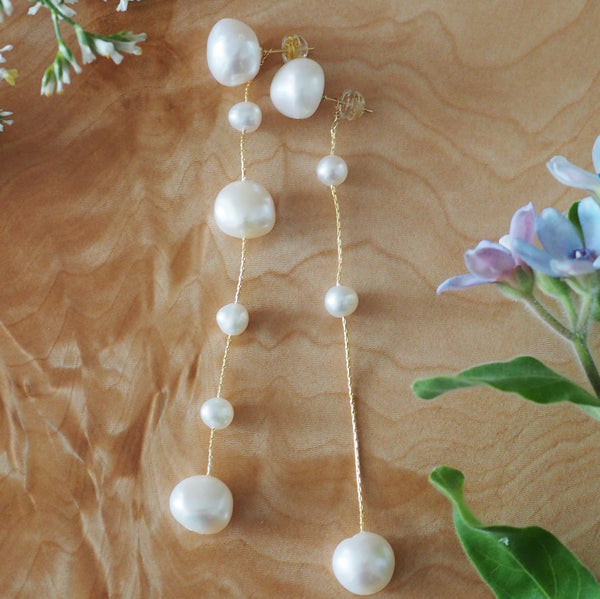 14kgf  fresh water  pearl asymmetry long ピアス イヤリング - hikari pearl.