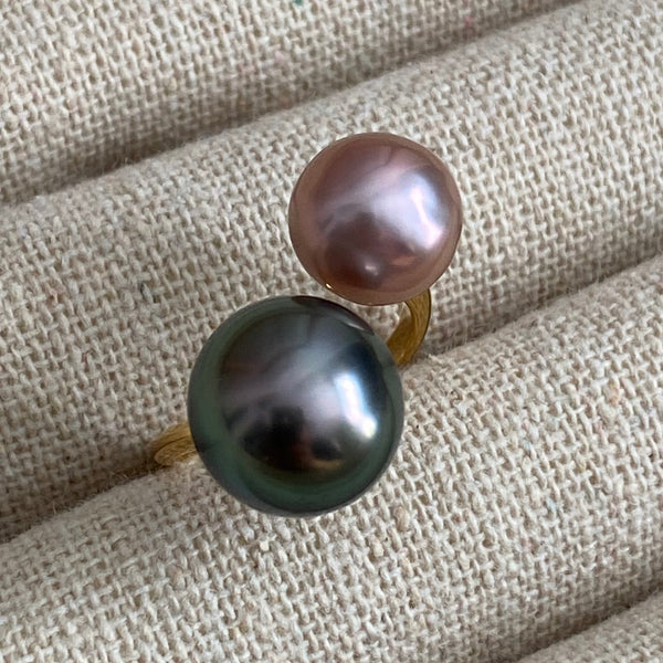一点もの natural color pink Tahiti  double  pearl リング - hikari pearl.