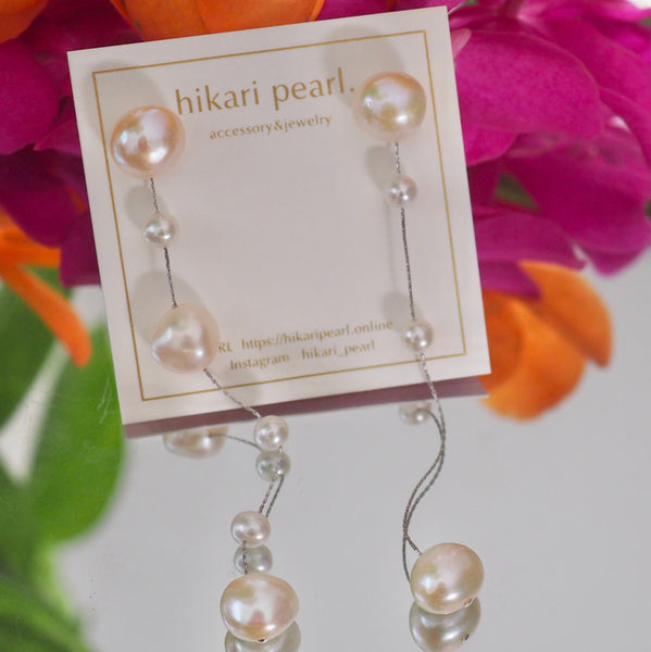 14kgf  fresh water  pearl asymmetry long ピアス イヤリング - hikari pearl.