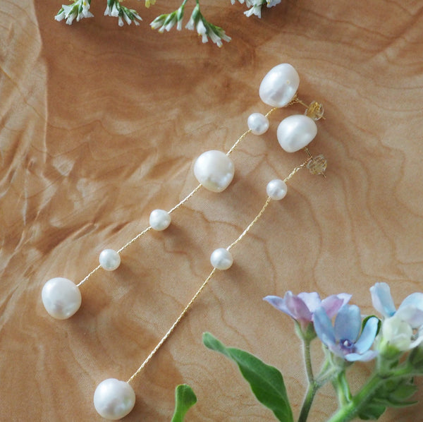 14kgf  fresh water  pearl asymmetry long ピアス イヤリング - hikari pearl.